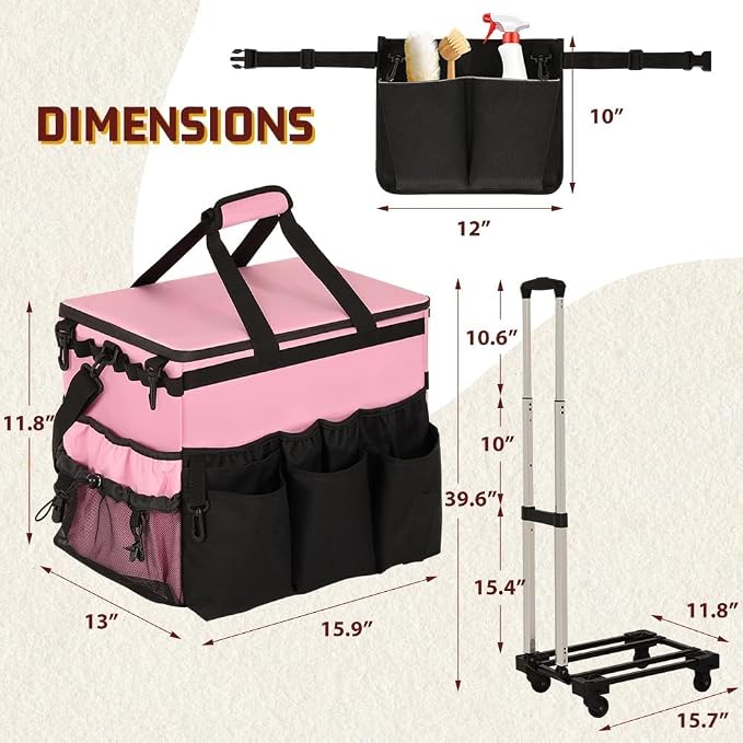 Large Rolling Cleaning Caddy with Cleaning Caddy Apron, Pink | Cleaning Caddy Bag with Detachable Trolley, Handles and Shoulder Strap, Cleaning Supplies Organizer for Cleaners Housekeepers