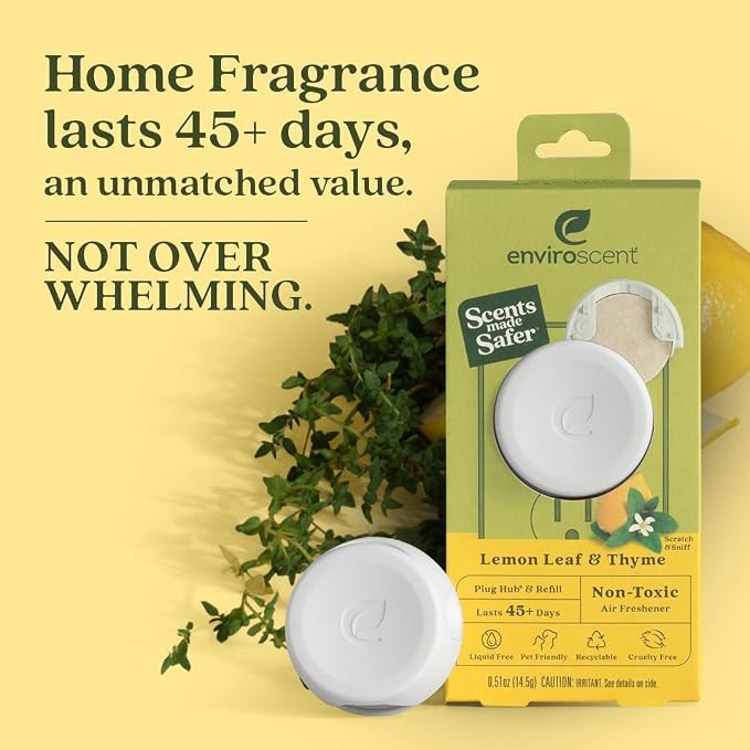Enviroscent Non-Toxic* Air Freshener Plug-In Plug Hub® Kit for Home, 1 Pack | Non-Toxic* Air Freshener w/ Lemon Leaf & Thyme Scent | Fits Standard Outlets for Daily Use | Pet-Friendly w/ Paper Refill