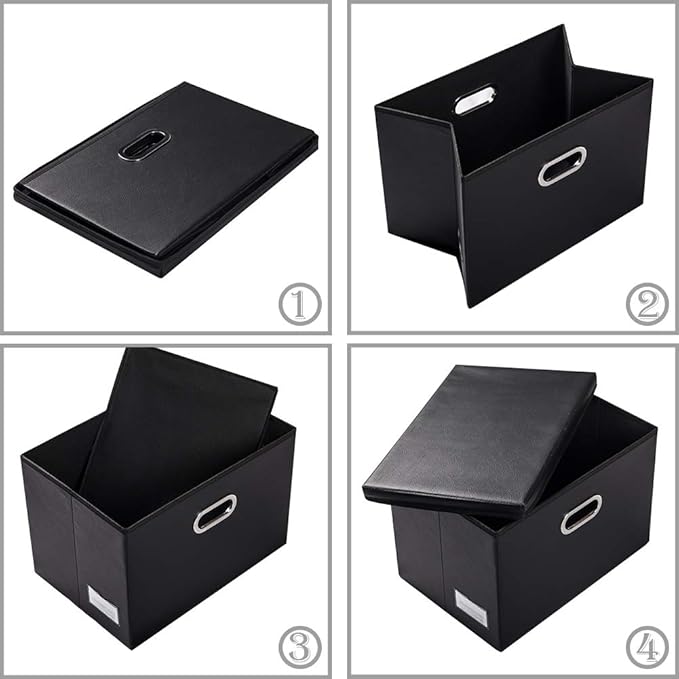 Collapsible Storage Bins with Lids [3-Pack] Leather Fabric Foldable Storage Boxes Organizer Containers Baskets Cube with Cover for Bedroom Closet Office Nursery Black (14.9x10.8x10)