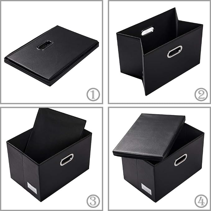 Large Collapsible Storage Bin with Lid [1-Pack] Leather Fabric Foldable Storage Box Organizer Containes Basket Cube with Cover for Home Bedroom Closet Office Nursery Black (17.7x11.8x11.8)