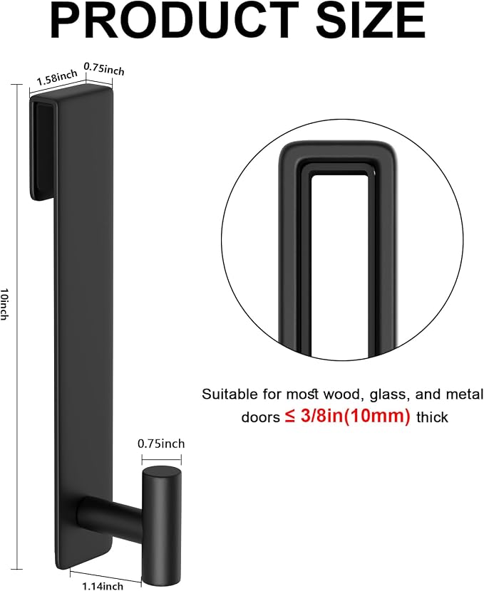 PMMASTO 10 Inch Shower Hooks for 3/8 Inch Glass, Black- T Shape | Stainless Steel Hooks Organize Towels And Robes on Frameless Glass Shower Doors in Bathrooms