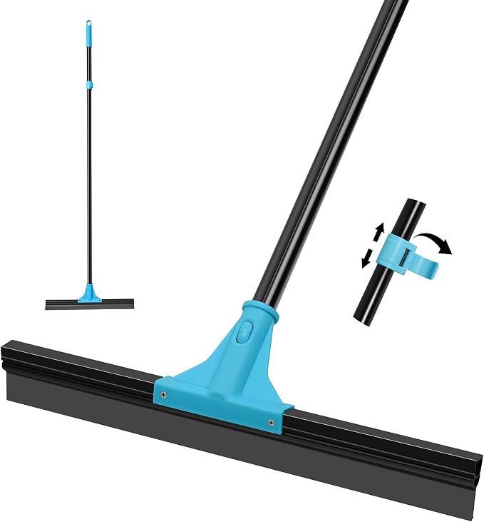 NEWE Floor Squeegee Broom with 18’’ Heavy Duty Rubber Scraper and 58.3’’ Telescopic Long Handle for Garage Concrete Bathroom Tile Shower Glass Marble Deck Window
