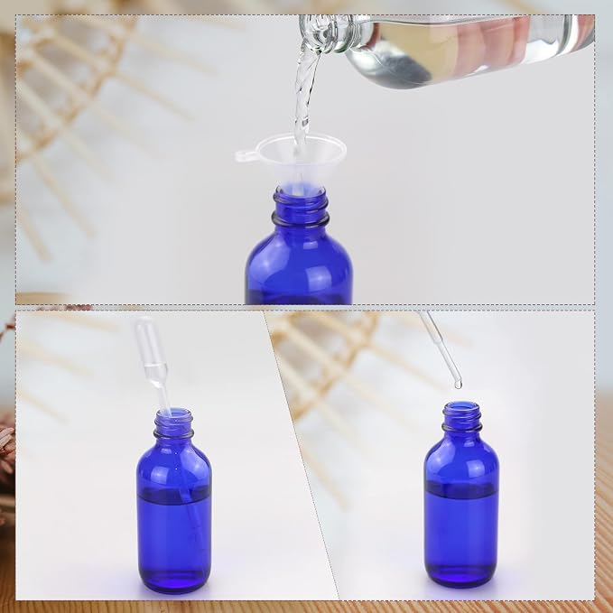 4 oz Mini Glass Spray Bottles, Empty Small Spray Bottles with Funnel Dropper, Fine Mist for Hair, Travel, Plants, Cleaning Solutions and Skin Care (4 Pack Blue)