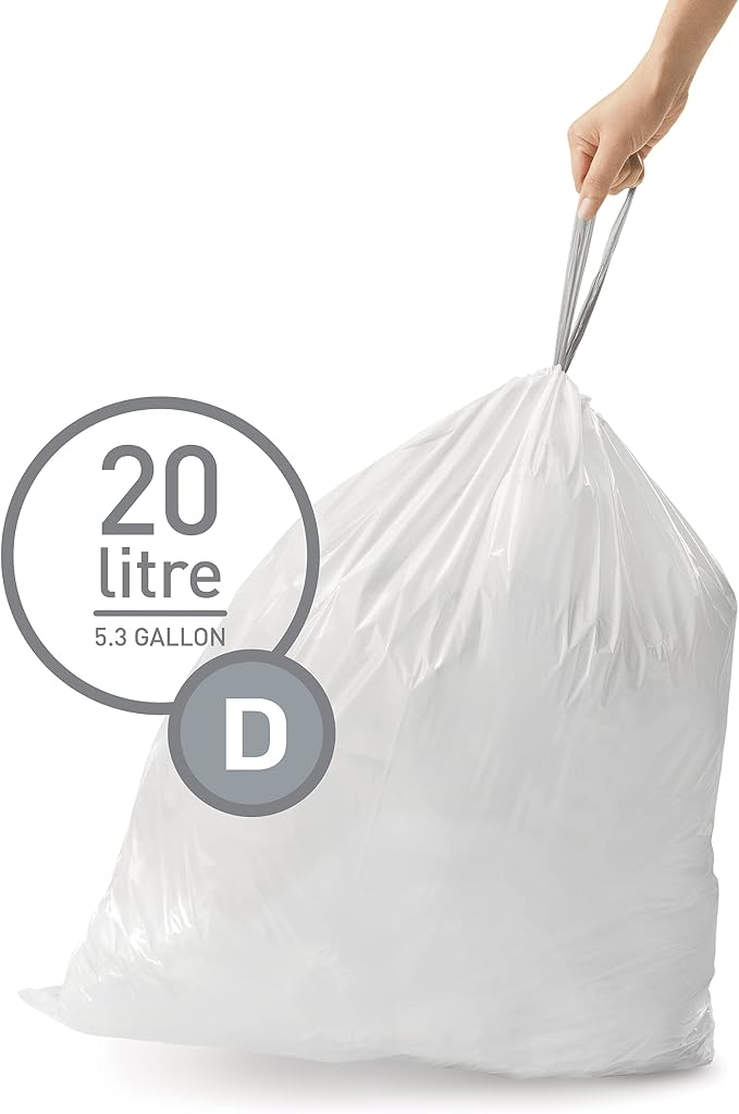simplehuman Code D 60 Count, Dispenser Pack Custom Fit Liners, Drawstring Trash Bags, 20 Liter / 5.3 Gallon, White