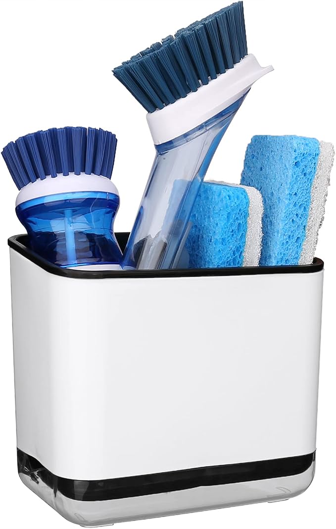 KeFanta Sink Caddy for Countertop, Sponge Holder for Kitchen Sink, Dish Sponge and Brush Holder, Plastic Dish Scrubber Organizer with Drain Pan, Black