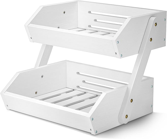 G.a HOMEFAVOR 2-Tier Fruit Basket for Kitchen Counter, White, Self-assembly | Bamboo Fruit Bowl, Vegetable Storage for Fruit Shop and Home Organizer, 15 mm Thickness