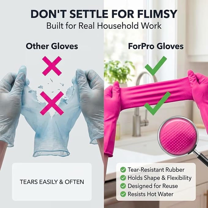 ForPro Natural Rubber Gloves, 6 Pairs Reusable Multi-Purpose Household Cleaning Gloves with Soft Inner Lining, Waterproof & Chemical-Resistant, Cotton Candy, X-Large