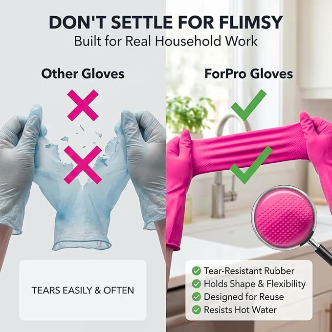 ForPro Natural Rubber Gloves, 6 Pairs Reusable Multi-Purpose Household Cleaning Gloves with Soft Inner Lining, Waterproof & Chemical-Resistant, Cotton Candy, Medium