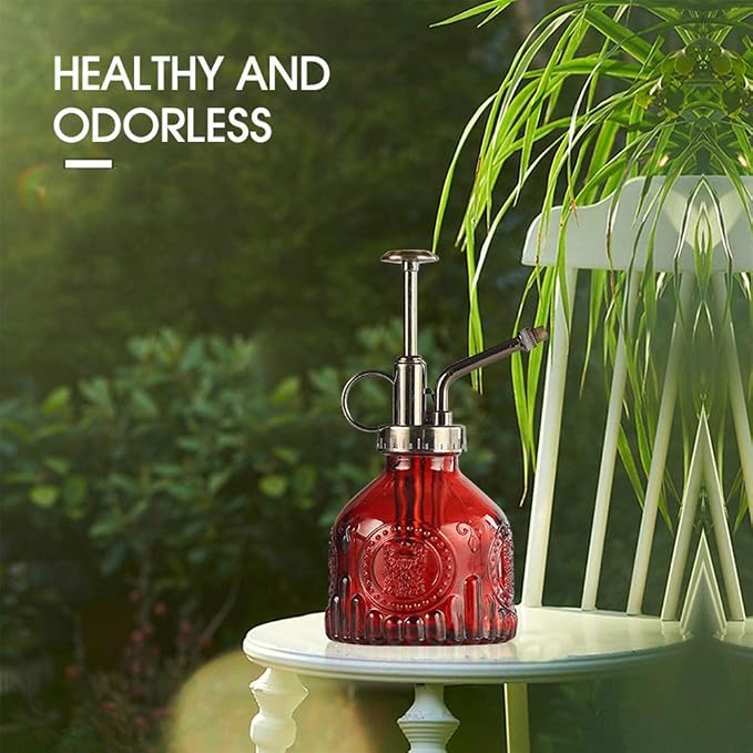 Plant Mister Glass Spray Bottle Small Plant Watering Can 6.4" Tall Retro Indoor Watering Can Bronze Plastic Top Pump for Garden Indoor Plant Sprayer (Red)