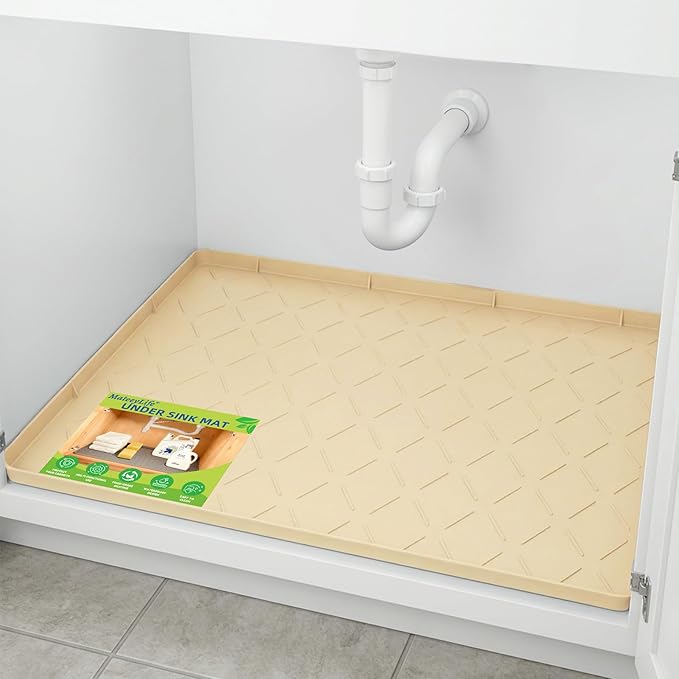 Mateeylife Under Sink Mat Kitchen Waterproof, Silicone Sink Tray 28"X19" | Under Sink Organizer Cabinet Shelf Protective Liner, Multi-use Silicone Mat for Boot Tray & Litter Mat, Khaki