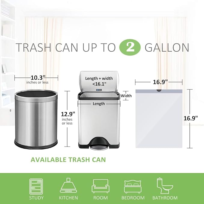 Teivio 2 Gallon Small Drawstring Trash Bags, 90 Count White Garbage Bags, Mini Plastic Bin Liners fit 1.8-2 Gal Waste Bin for Bathroom, Kitchen, Bedroom, Office, Pet Litter, Household Daily Use