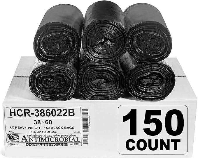 Aluf Plastics 60 Gal Black Trash Bags, 22 Micron (EQ.), 38" x 60" (150 Pk) | 22 Micron (eq), 38" x 60", Bathroom, Office, Industrial, Commercial, Janitorial, Municipal, Recycling