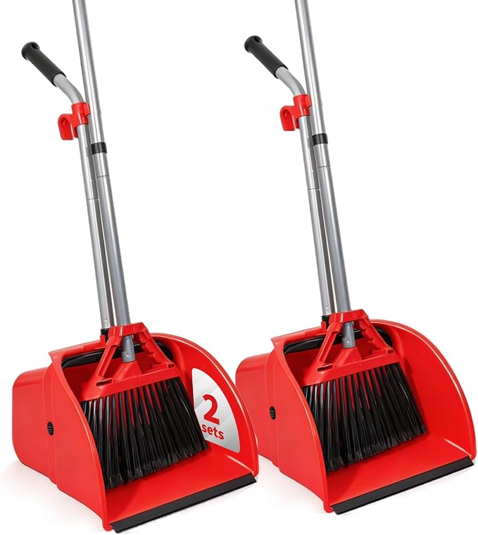 2 Pack Heavy Duty Broom and Dustpan Set,Indoor Outdoor Sweeping Kit,Red | 14"x14" Jumbo Large Capacity Dustpan & 14" Wide 54" Long Handle Broom, for Home Kitchen Yard Restaurant Garage Cleaning