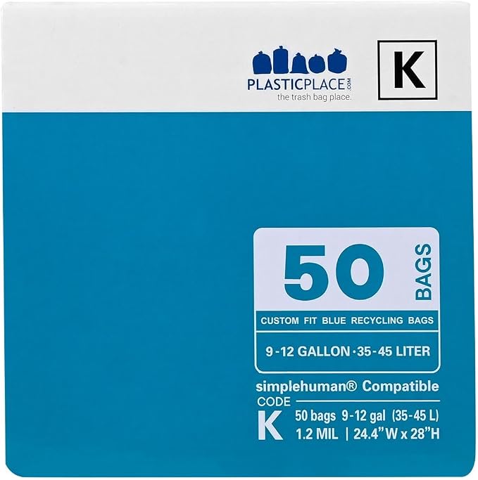 Plasticplace Custom Fit Trash Bags, Compatible with simplehuman Code K (50 Count) Tinted Blue Drawstring Garbage Liners 10 Gallon / 38 Liters, 24" x 28"