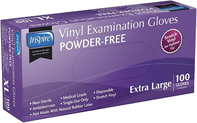 Inspire Medical Exam Gloves | Powder Free Stretch Vinyl Gloves | Disposable Latex Free Gloves | Disposable Food Safe Food Prep Cooking Gloves