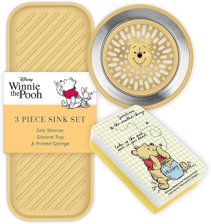 Disney Winnie the Pooh Sink Drain Strainer, Dish Sponge & Silicone Tray Set | 3-piece set with a strainer to prevent clogs, a tray to keep things organized, and a scrubber for dishes and counters