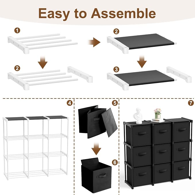 Briwooody 9 Cube Storage Organizer Bins with Shelf, Black | 11x11'', Storage Organizer, Toy Storage Box, Back to School, Dorm Organizer, Fabric Drawers, Playroom Bedroom Storage Cabinet