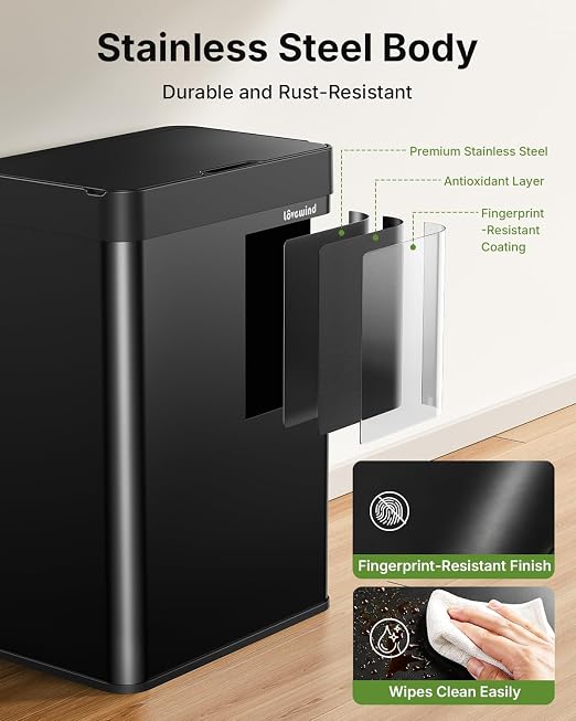 13.2 Gallon Automatic Kitchen Trash Can, Touchless Sensor Garbage Can,Black | Built‑in 1500mAh Rechargeable Battery,Stainless Steel Motion Sensor Trash Can, Silent Close Lid Smart Trash Bin for Home