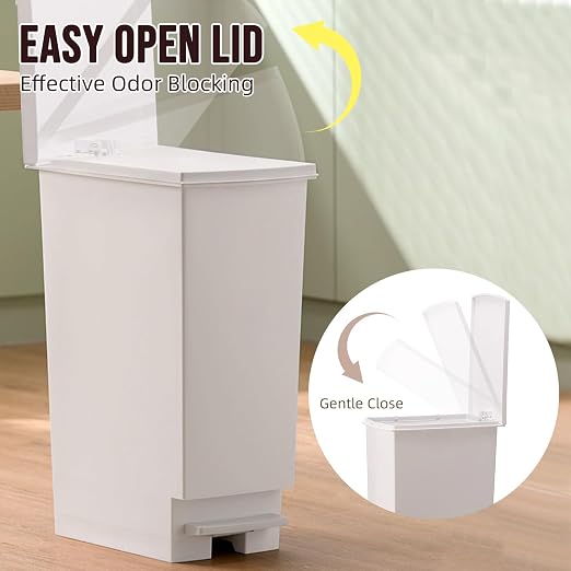 8 Gallon Trash Can With Lid and Foot Pedal, Plastic Slim Kitchen Step On Trash Can, Hands Free Recycling White Kitchen Garbage Can, Odor Block, 9 Inch Wide Trash Bin Fit For Narrow Space, 3Pack