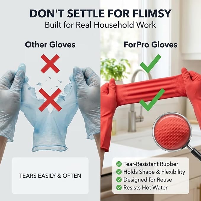 ForPro Natural Rubber Gloves, 6 Pairs Reusable Multi-Purpose Household Cleaning Gloves with Soft Inner Lining, Waterproof & Chemical-Resistant, Wild Cherry, Medium