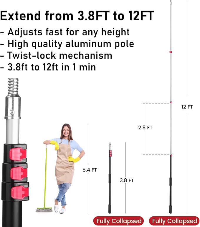 12 FT Telescoping Extension Pole – Flip-Lock Adjustable Aluminum Paint Roller Pole – 3/4" Universal Threaded Tip – Fits Duster Heads, Paint Rollers, Window Cleaners & Brushes