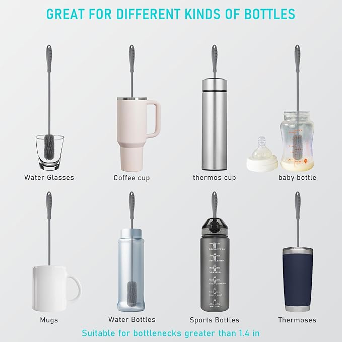15.7" Silicone Bottle Brush, ddLUCK Water Bottle Cleaner Brush for Stanley, Hydroflasks, Glass, Thermos Sports Bottle, Vase and Glassware, Bottle Brush Cleaner for Small Narrow Neck Containers (Gray) | Water Bottle Cleaner for Baby Bottles, Hydro Flask...
