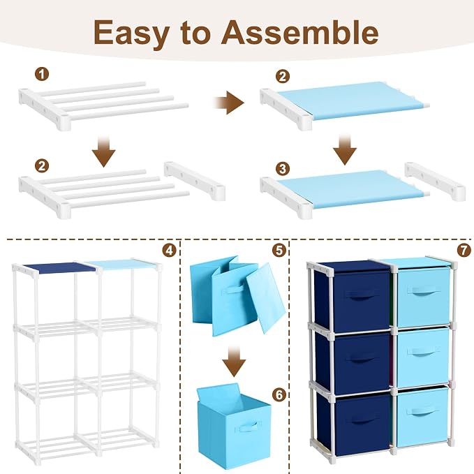 Briwooody 6 Cube Storage Organizer Bins with Shelf, Dark Blue,Light Blue | 11x11'', Storage Organizer, Toy Storage Box, Back to School, Dorm Organizer, Fabric Drawers, Playroom Bedroom Storage Cabinet