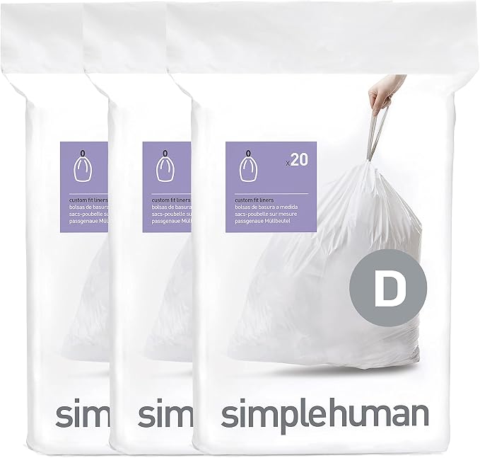 simplehuman Code D 60 Count, Dispenser Pack Custom Fit Liners, Drawstring Trash Bags, 20 Liter / 5.3 Gallon, White