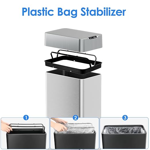 TLSUNNY 18.5 Gallon Automatic Trash Can, Motion Sensor Garbage bin | Stainless Steel Smart Trash Can W/ Butterfly Lid, Bag Retainer Ring for Living Room, Kitchen, Office (Silver, 70L)