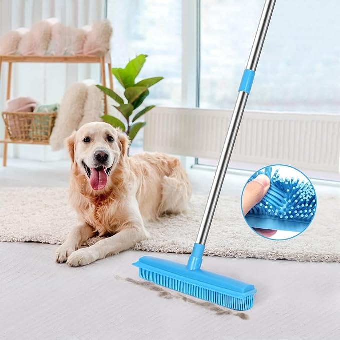 Landhope Fur Remover Broom, Rubber Broom with Squeegee Long Handle, 50 inches Sweeping Rug Brush Clean Carpet Windows Wooden Floor Sofa Bathroom Rugs Car Floor No Scratch