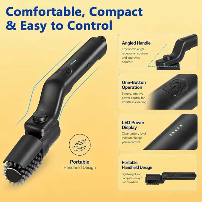 Electric Grill Brush, Spin Cordless Electric Barbecue Brush Grill -Black | 2026 USB Grill Electric Brush with Bristle & Scouring Roller Heads, 150Mins Runtime, 3 Speeds, IPX7 for Grates, Stovetop