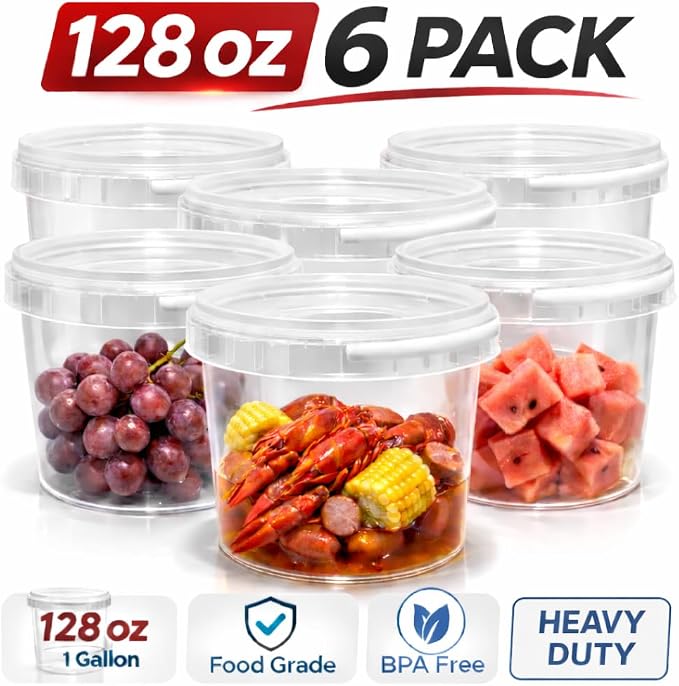 4U'LIFE 128 oz [6-Pack] Tamper-Evident Containers with Lids and Handle | BPA Free, microwave-safe, freezer-safe and multi-purpose for ice cream, events and bulk food storage