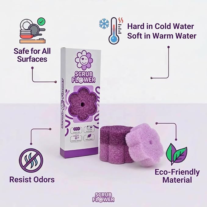Scrub Flower Sponges, Temperature Sensitive, Non-Scratch, 3 Count | Firm when cold and soft when warm, these odor-resistant scrubbers clean dishes, kitchen surfaces and more.