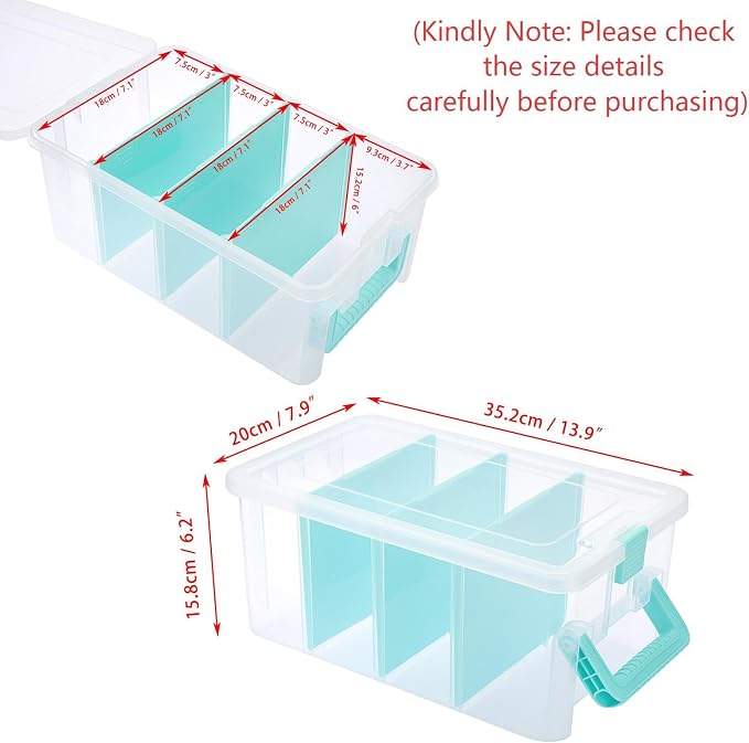 BTSKY Clear Plastic Dividing Storage Box with 4 Deep Compartment Sewing Box | 13.9x7.9x6.2 Inches Adjustable Storage Bin with Lid Portable Craft Storage Container Multipurpose Art Supply Organizer Blue