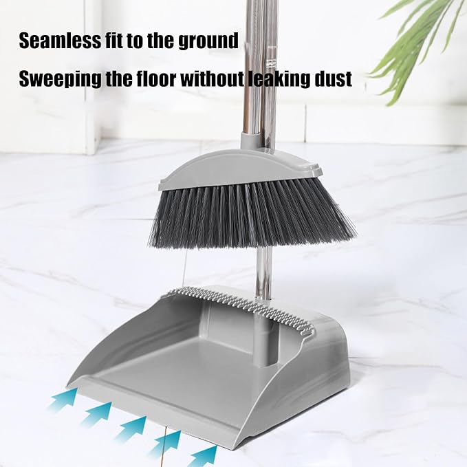 Broom and Dustpan Set for Home Indoor 180 Rotatable Broom with Dustpan Combo Set for Office Home Kitchen Lobby Floor Cleaning Broom Dustpan for Indoor & Outdoor Sweeping (Gray)