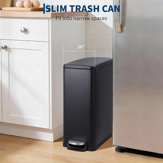 Slim Kitchen Trash Can, 12 Gallon, Soft-Close Step Lid, Black | Stay-open function, removable inner bucket, liner ring, rear handle and fingerprint-resistant stainless finish