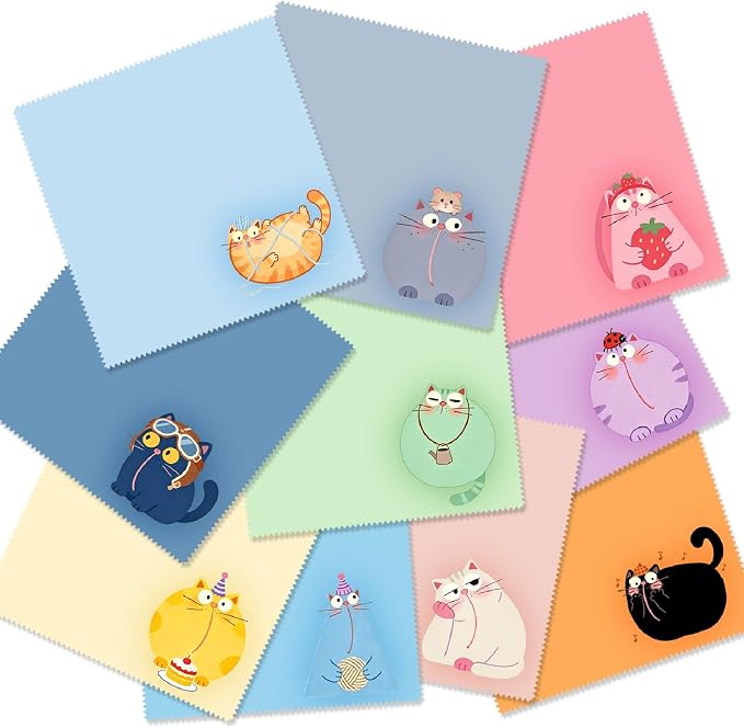 SEIBER Microfiber Cleaning Cloth Wipe for Glasses,10P Cute Cat Multicolor | for Eyeglass Lens Phone Screen and Camera,Soft Cloth,Streak-Free, Lint-Free, Scratch-Free