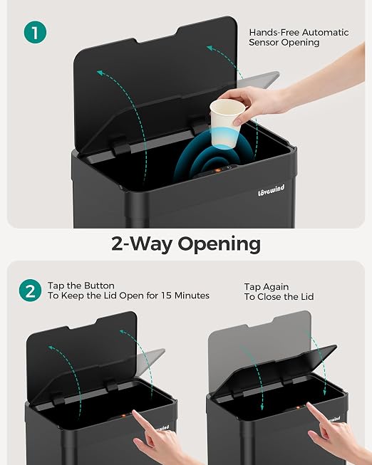 13 Gallon Automatic Kitchen Trash Can,Touchless Sensor Garbage Can,Black | Built‑in 1500mAh Rechargeable Battery,Stainless Steel Motion Sensor Trash Can, Silent Close Lid Smart Trash Bin for Home