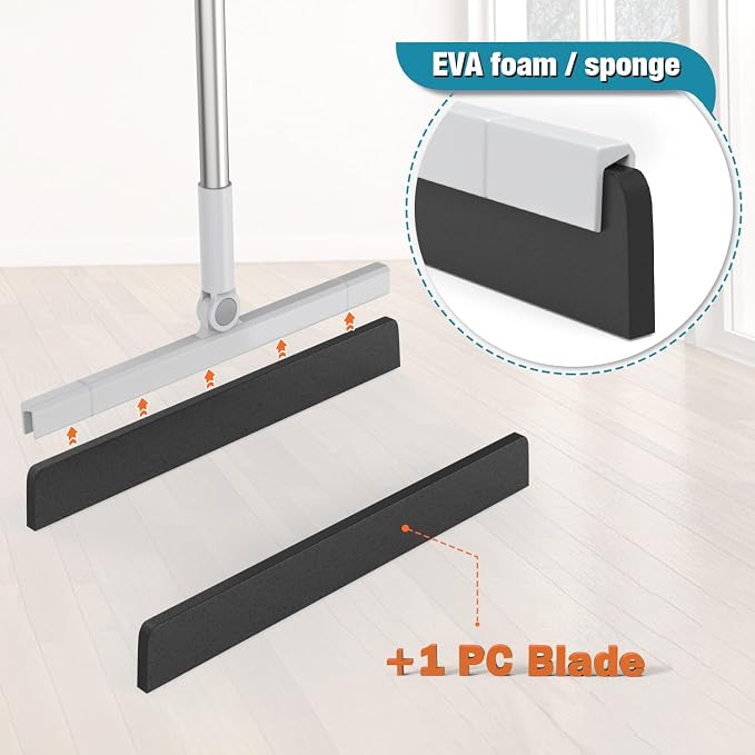 KOLLIEE Floor Squeegee 59" Adjustable Long Handle Professional with Hook Water Squeegee Foam Blade for Concrete Floor Tile Pet Hair Floor Wiper Grey