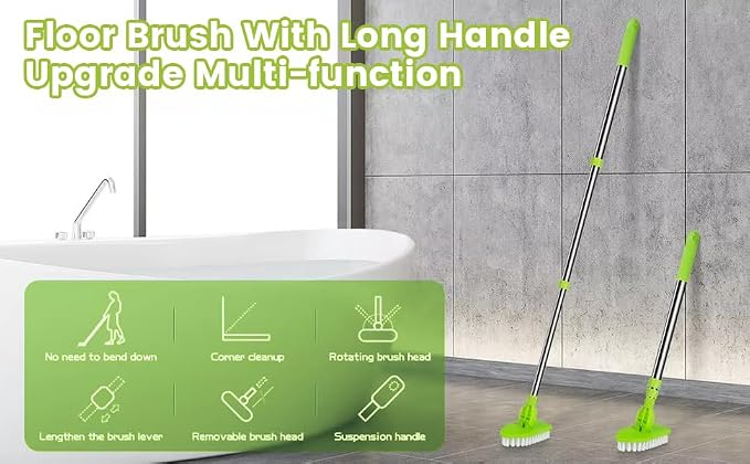 4-in-1 Tile Tub Floor Scrubber with 52-inch Adjustable Long Handle Shower Cleaner Brush with V-Shaped Grout Brush and 3 Replacement Brush Heads for Cleaning Bathroom Kitchen Walls Tub Tile