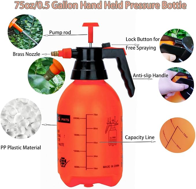 3 Pack 2L Handheld Garden Pressure Sprayer with Adjustable Brass Nozzle | 12 Inch Plant Mister Sprayer for Indoor Houseplants, Lawn Watering, Household Cleaning, Patio & Garden Maintenance