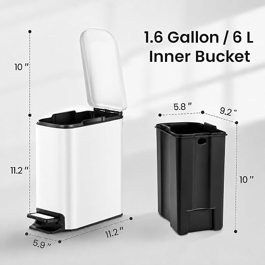 TIPGO Small Bathroom Trash Can with Lid, 1.6 Gal, Soft Close, White | Stainless Steel, 5.9'' Slim for Narrow Space, Foot Pedal, Soft Quiet Lid, Anti-fingerprint, Removable Inner Bucket, Odor Seal