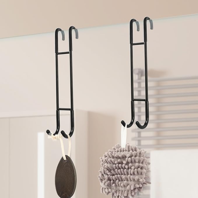 NINETREX Shower Door Hooks, Towel Hooks Frameless Glass Door, 10", 2 Pack | Heavy Duty SUS 304 Stainless Steel, for Towels Squeegee Loofah Shaver Robe, Bathroom Storage, Black