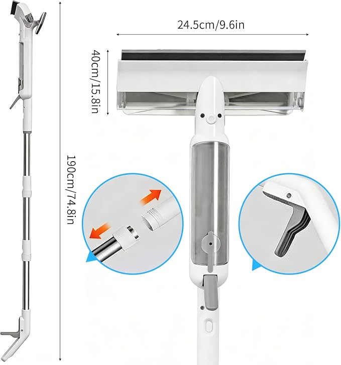 4-in-1 Window Cleaner with Extension Pole & Handle-Controlled Sprayer | 74" Extendable Window Cleaning Kit , Foam Scrubber & Reusable Pads for High Windows, Shower Doors, Mirrors & Car Glass