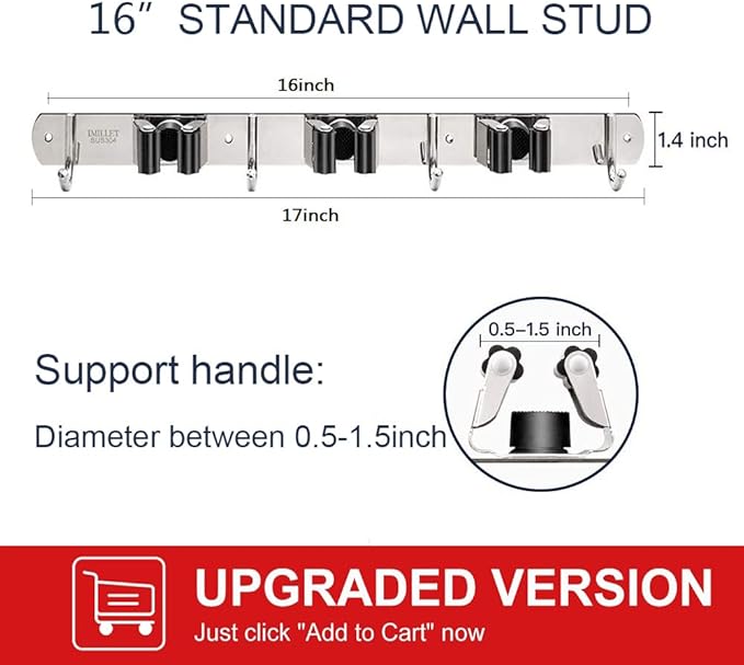 IMILLET 2 Pack Broom Holder Wall Mount Stainless Steel Mop Organizer | 5 Racks 4 Hooks Heavy Duty Garage Organization Storage,Broom and Mop Organizer Wall Hanging Self Adhesive for Laundry Room