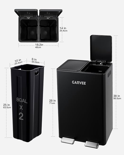 Garvee 16 gal Dual Compartment Stainless Steel Trash Can with Inner Buckets | Step Pedal Trash Can, Heavy Duty Recycling Bin with Lid & Step Pedal, for Kitchen, Office, Home, Commercial Use，Black