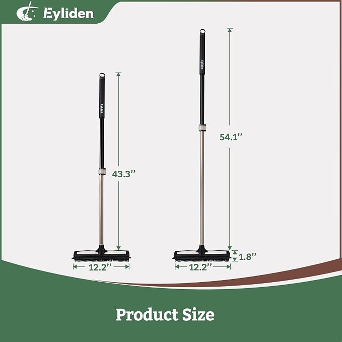 Eyliden Rubber Carpet Rake with Squeegee for Pet Hair & Floor Water Removal | 2-in-1 Push Broom, Fur Brush for Carpet Rug, Scrape for Liquid Spills on Hardwood Tile, 54" Telescopic Handle, 45° Angle Head