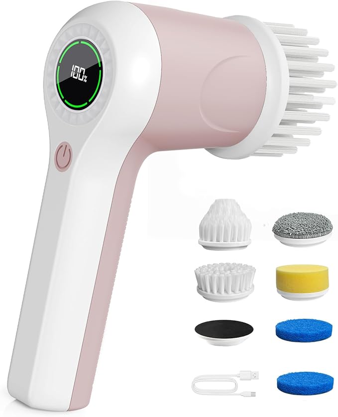 PUFTEM Electric Spin Scrubber, Cordless Shower Scrubber, Pink | Battery Level Display, Dual Speed, 6 Replaceable Brush Heads, IPX7 Waterproof, Long Runtime, Tub, Tile & Sink Cleaning