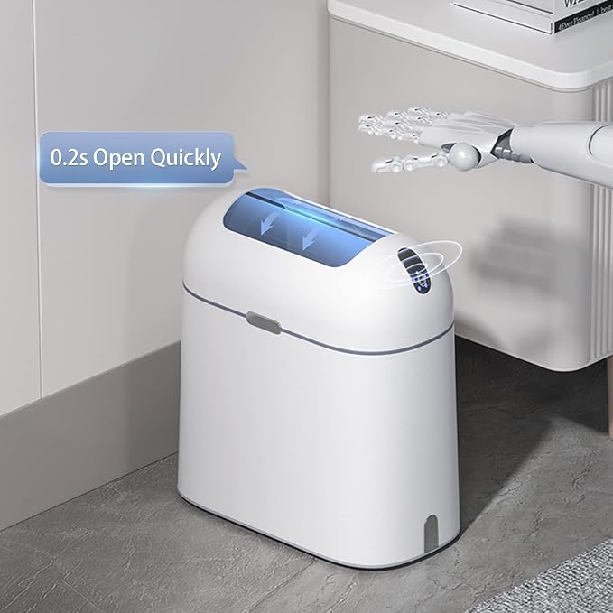 ELPHECO Bathroom Trash Can with lid, 2.5 Gallon, Motion Sensor, White Grey | Waterproof Garbage Can, Automatic Waste Basket, Butterfly Lid, Plastic Garbage Bin for Bedroom and Office