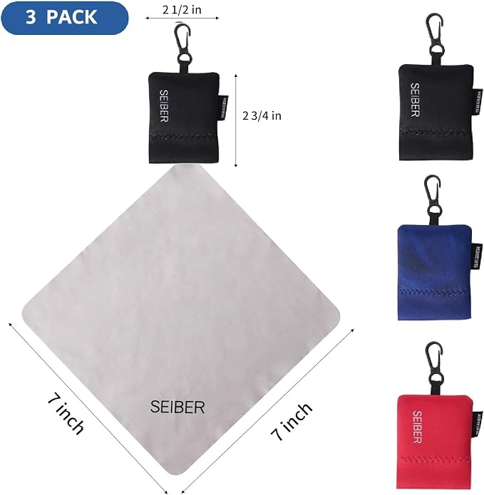 SEIBER Eyeglass Cleaning Microfiber Cloth, 7x7 inch, 3PCS, BK Blue Red | For Glasses, Laptops, Cameras, Screen, With Neoprene Pouch, Self-Closing Bottom